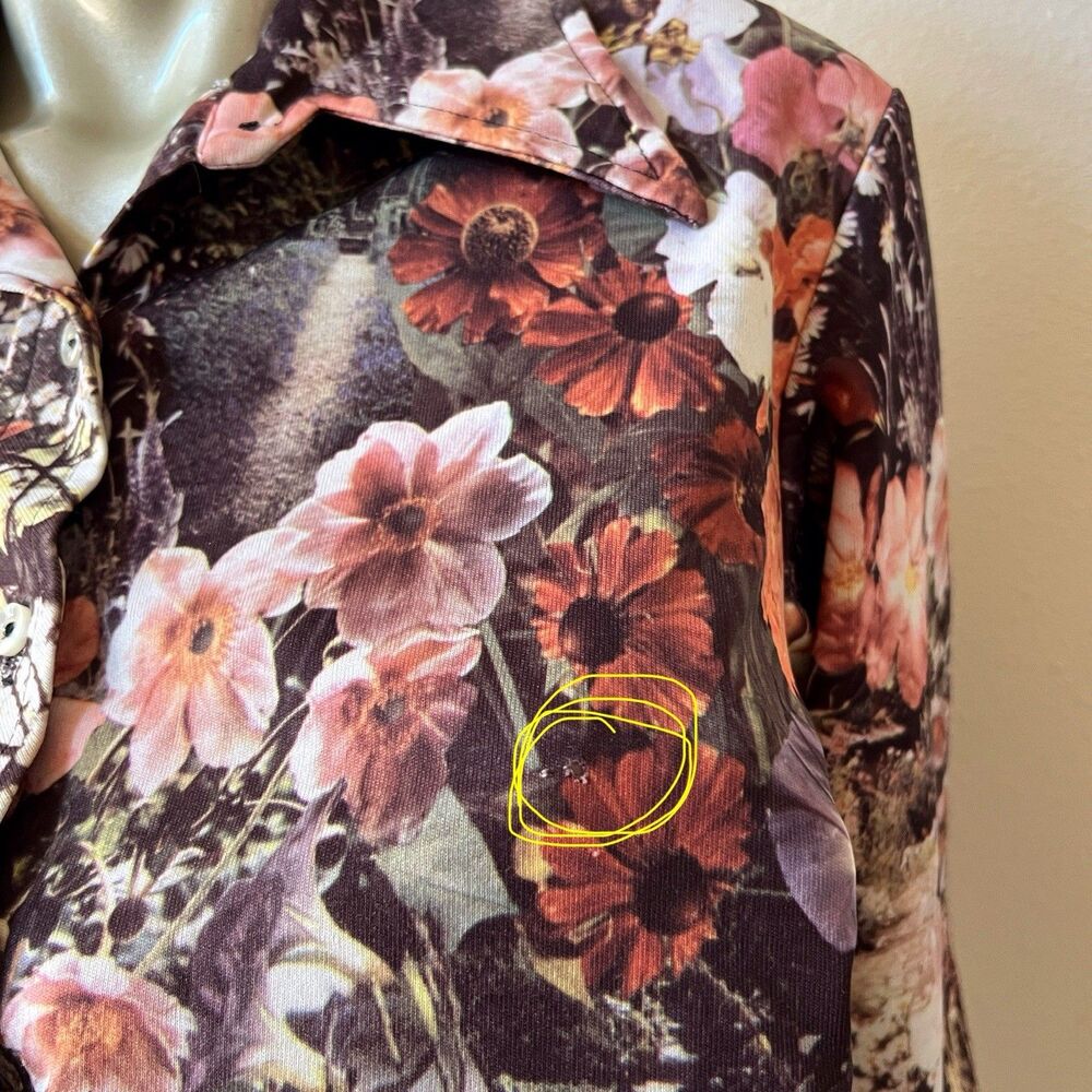 Vintage Floral Photo Print Blouse Shirt Large Button Up Top Autumn Boho 70s - Picture 7 of 13